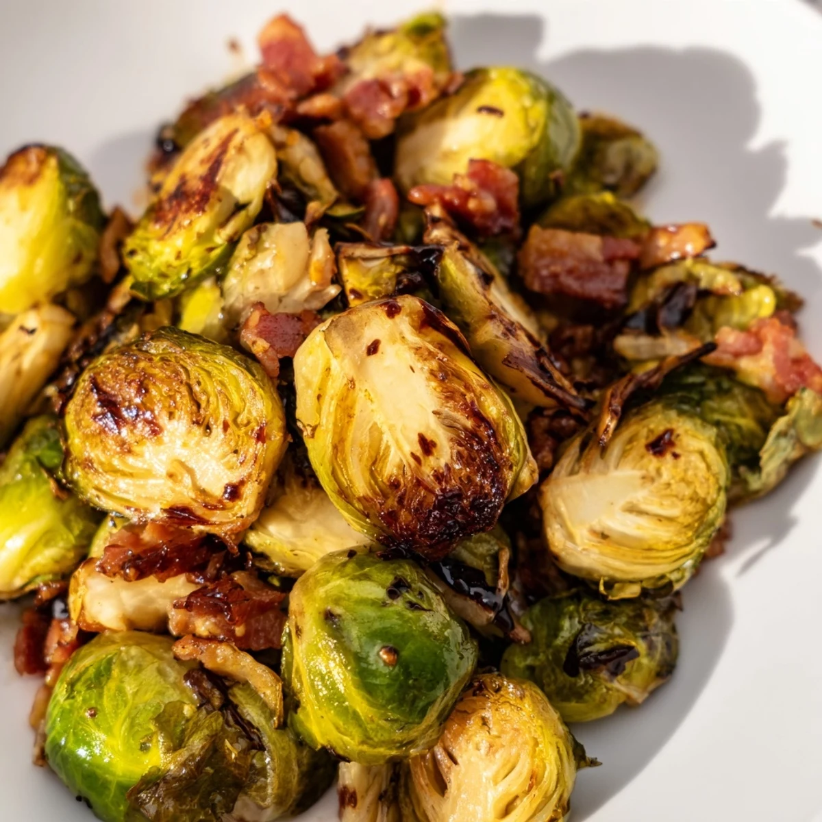 Savory roasted Brussels sprouts and crunchy turkey bacon tossed on a baking sheet, ready to be served.