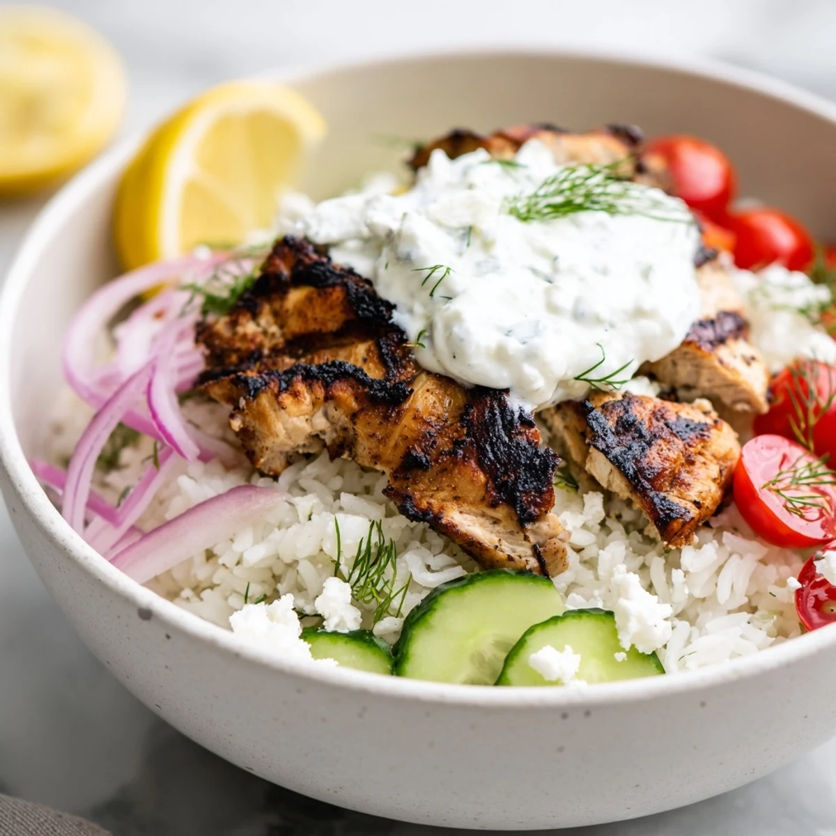 Vibrant Greek Chicken Gyro Bowls with Tzatziki feature marinated grilled chicken, fluffy rice, and fresh veggies, ready to enjoy.