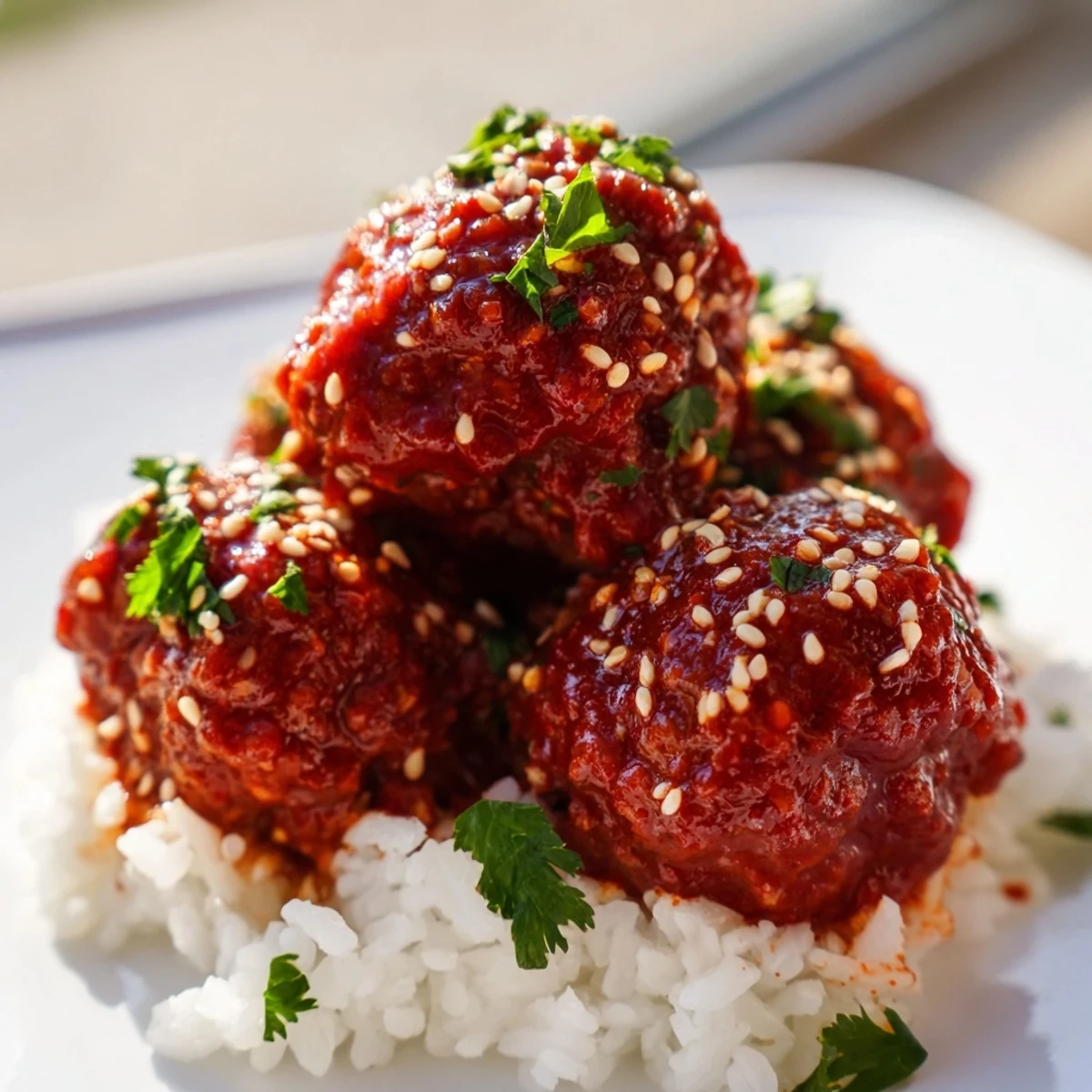 Close-up of Spicy Sriracha Beef Meatballs and steamed rice, drizzled with honey-soy glaze.