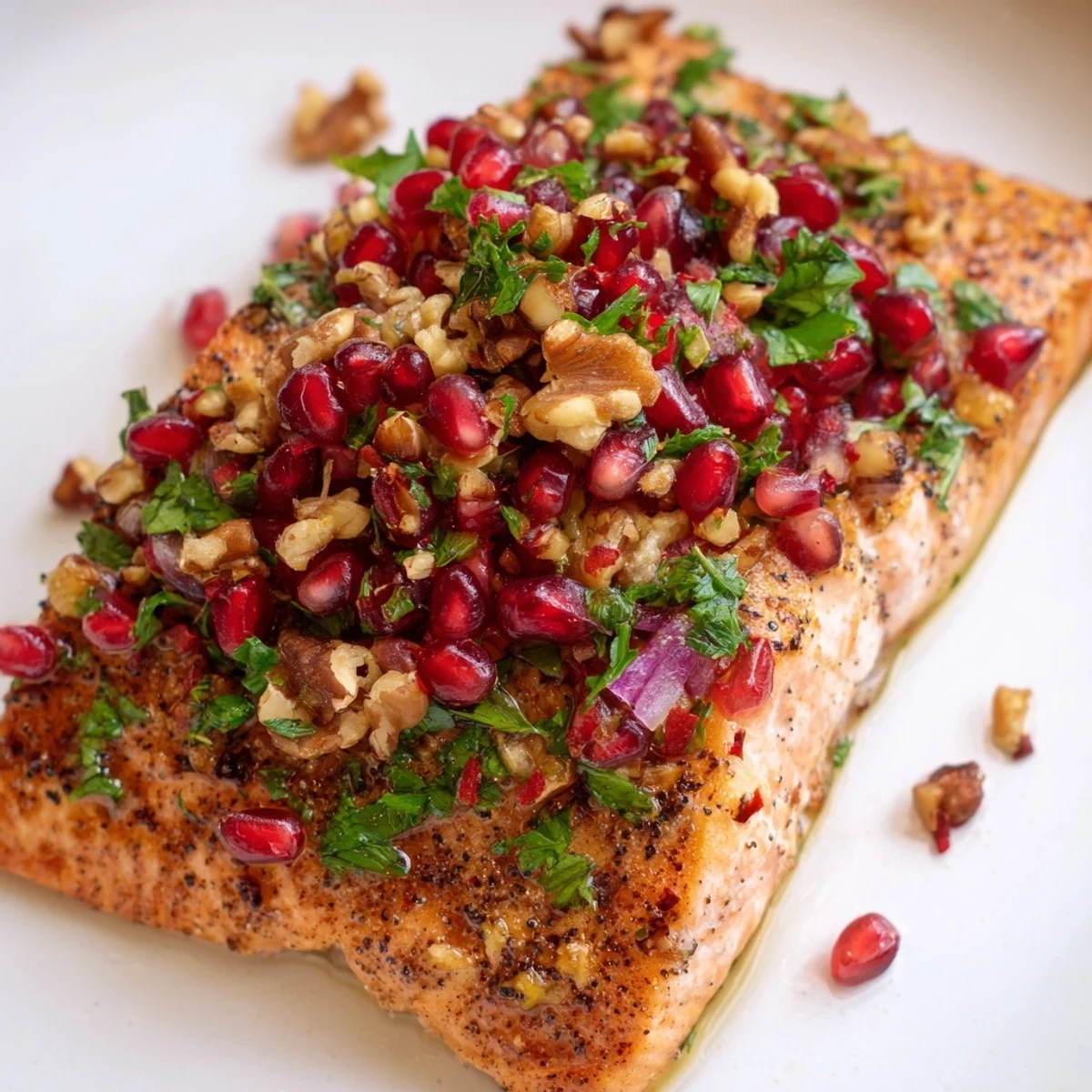 Flaky baked salmon fillets topped with vibrant red pomegranate arils and toasted walnut pieces, drizzled with a bright lemon glaze on a white plate.