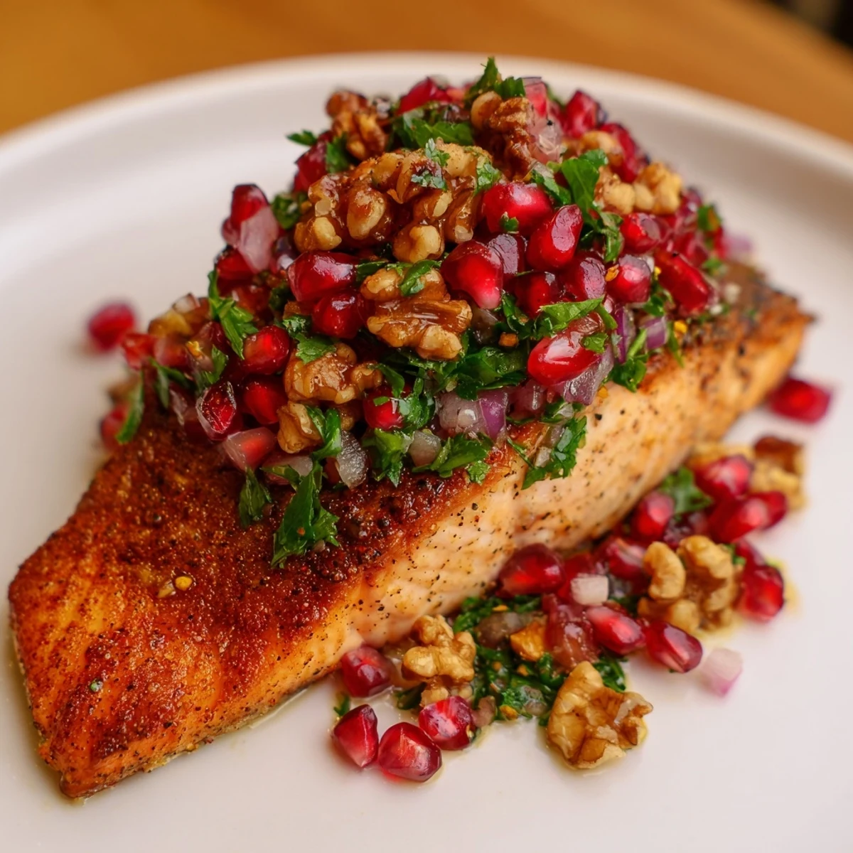 A close-up view of seasoned baked salmon featuring a chunky pomegranate and walnut salsa, garnished with fresh green parsley and diced red onion.