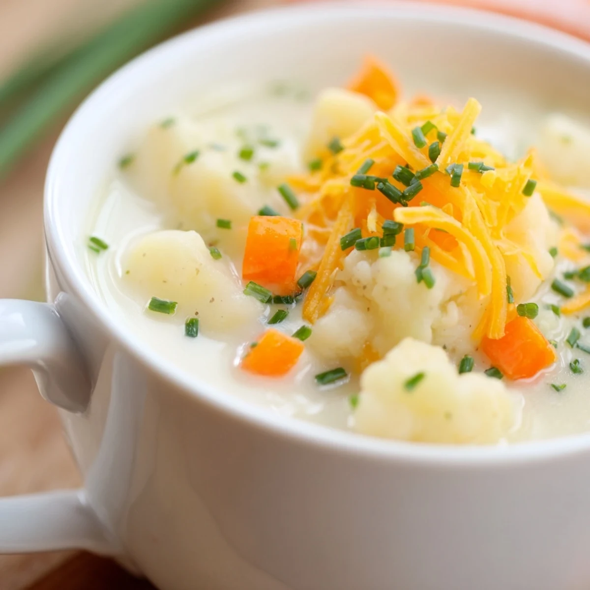 Golden, velvety Creamy Cauliflower Chowder with Cheddar steams in a rustic bowl, dotted with fresh chives and more melted cheese on top.
