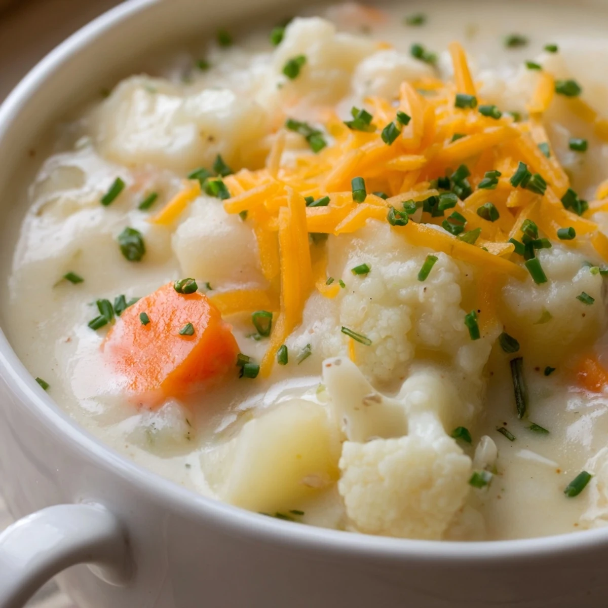 Close-up of Creamy Cauliflower Chowder with Cheddar, highlighting tender cauliflower florets and sharp cheddar garnish, ready to serve with crusty bread.