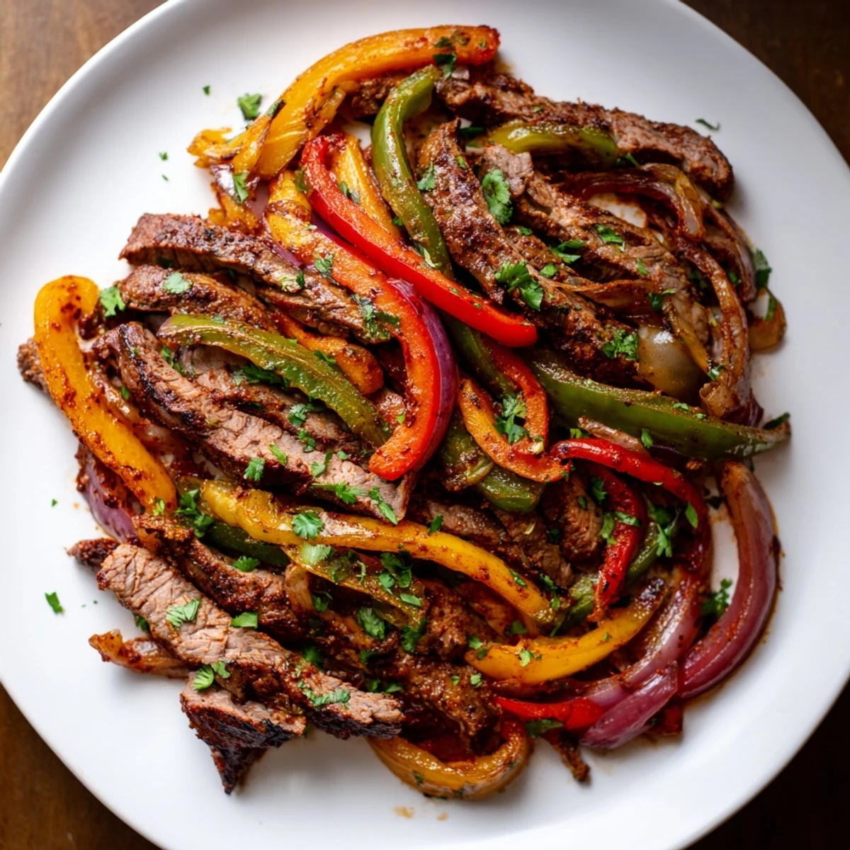 Roasted red, yellow, and green bell peppers mingle with tender steak strips on a dark sheet pan.
