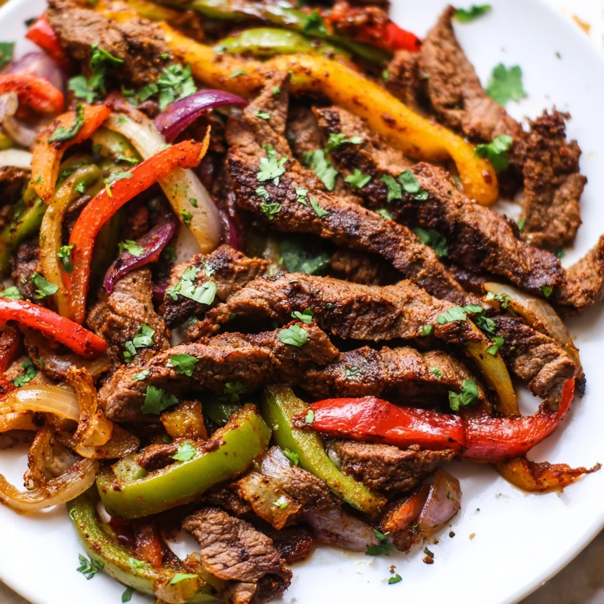 Golden-brown strips of Sheet Pan Steak Fajitas with Bell Peppers emerge from the oven, glistening with savory juices.