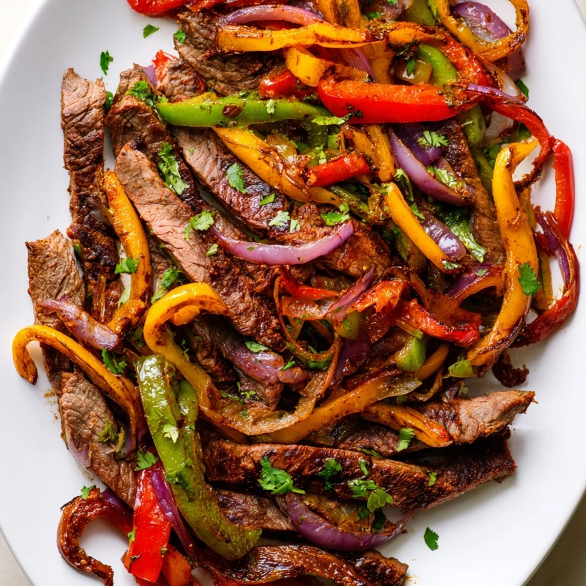 A vibrant platter of Sheet Pan Steak Fajitas with Bell Peppers waits to be wrapped in warm tortillas.