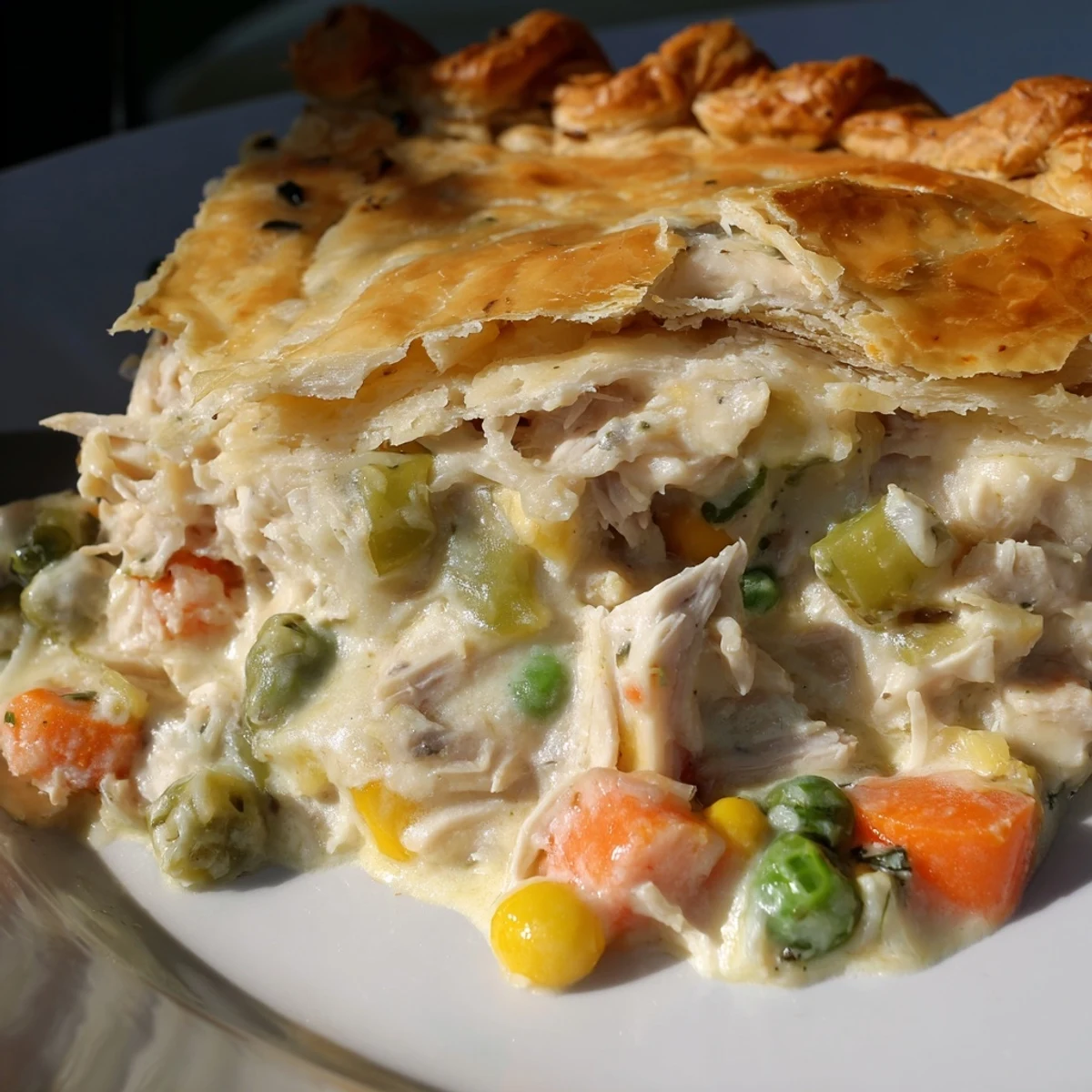 Golden, flaky crust tops a bubbling Chicken Pie Casserole filled with creamy chicken and peas.