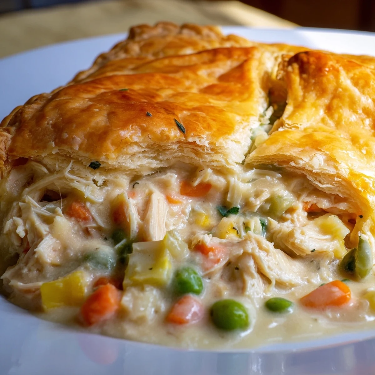 Chicken Pie Casserole emerges from the oven with a crisp crust and tender vegetables inside.