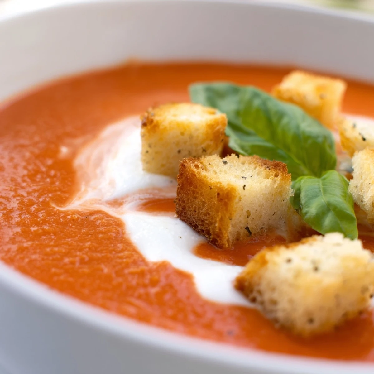 Freshly blended Roasted Garlic and Tomato Basil Soup in a white bowl, garnished with olive oil drizzle and homemade croutons.