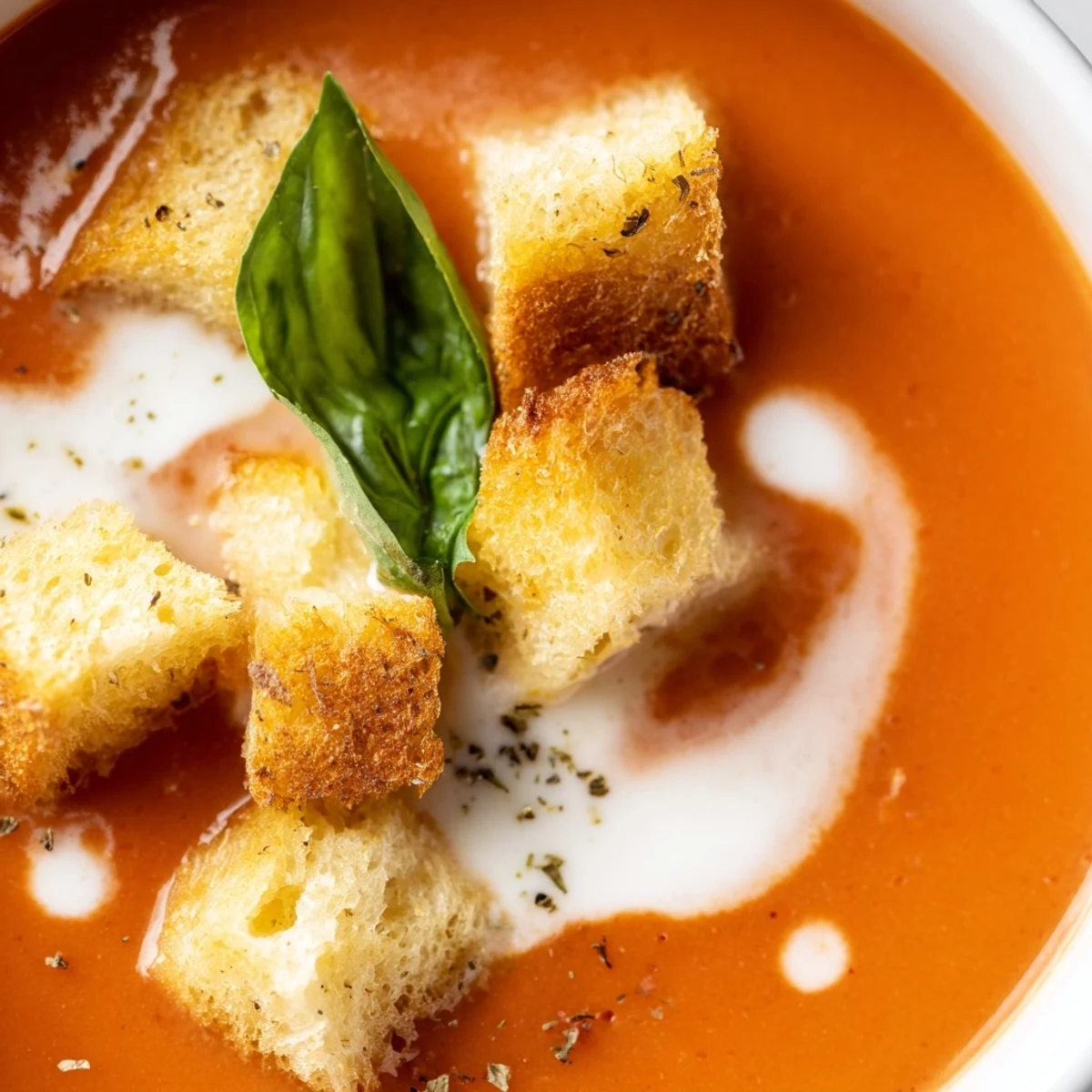 Steaming Roasted Garlic and Tomato Basil Soup with vibrant red color, crispy croutons, and fresh basil leaves on a wooden table.