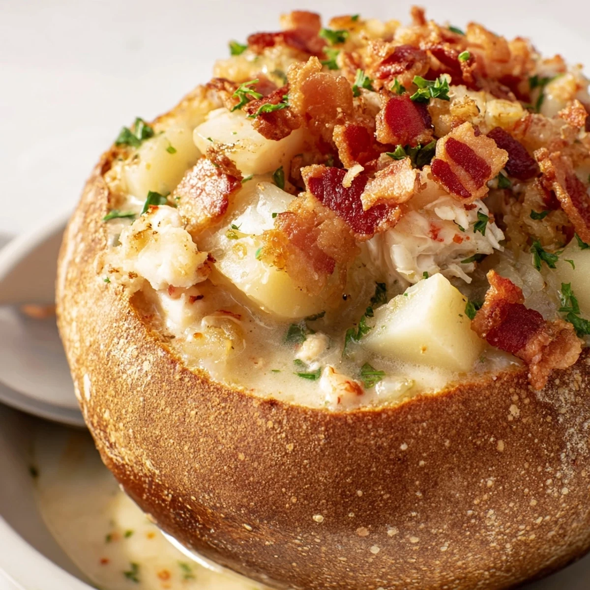 Golden-brown, hollowed sourdough bread bowls brimming with creamy clam chowder, topped with crispy bacon bits and fresh parsley.