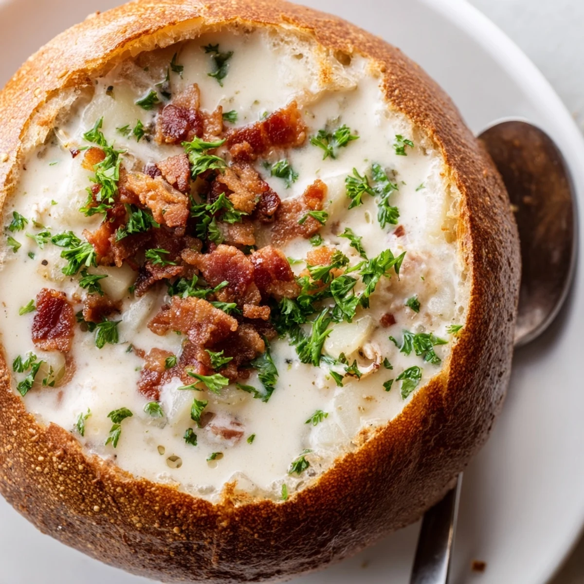 Steaming hot clam chowder in a crusty sourdough bread bowl, garnished with diced potatoes, celery, and a touch of green parsley.