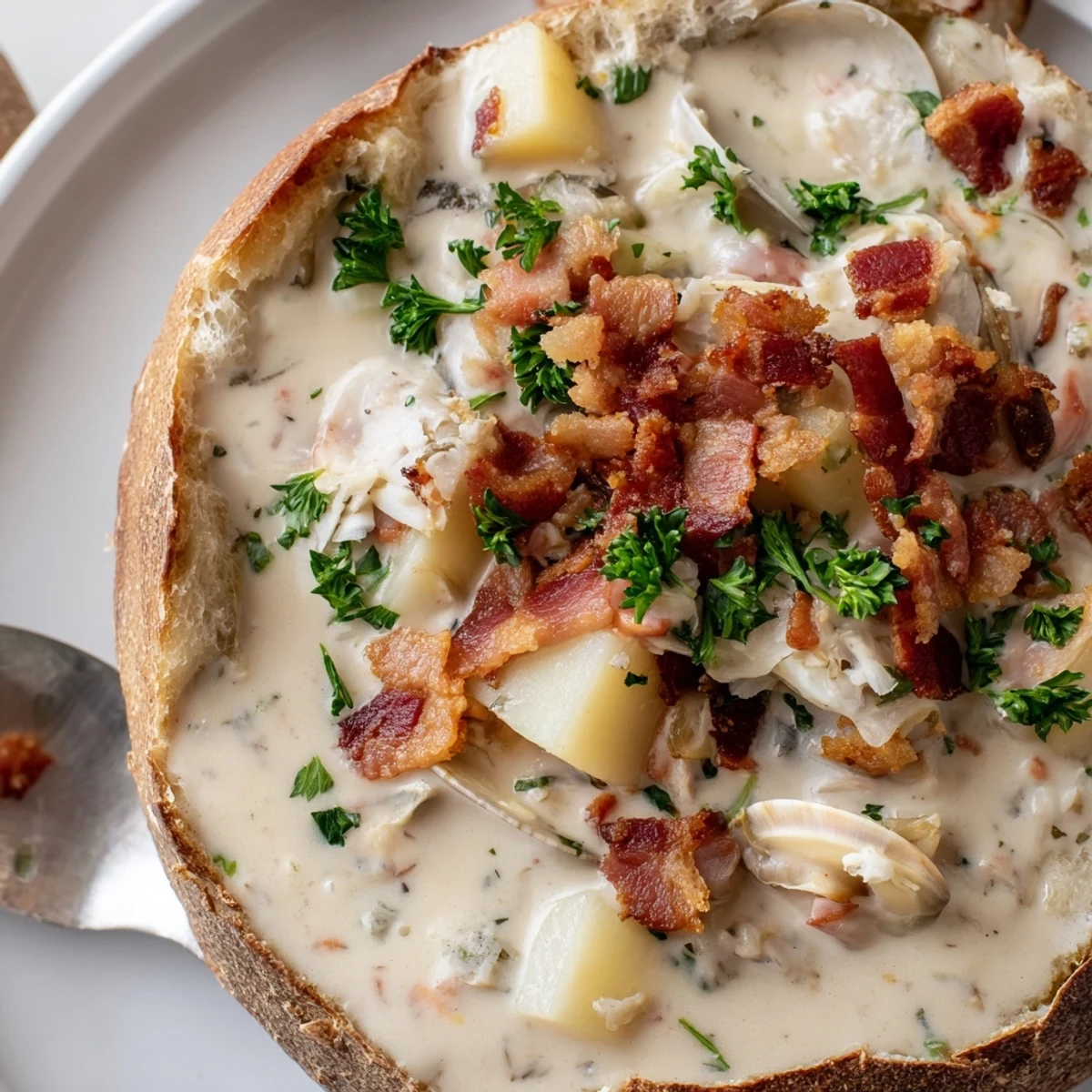 Warm, buttery sourdough filled with rich and creamy New England-style clam chowder, featuring tender clams, potatoes, and smoky bacon.