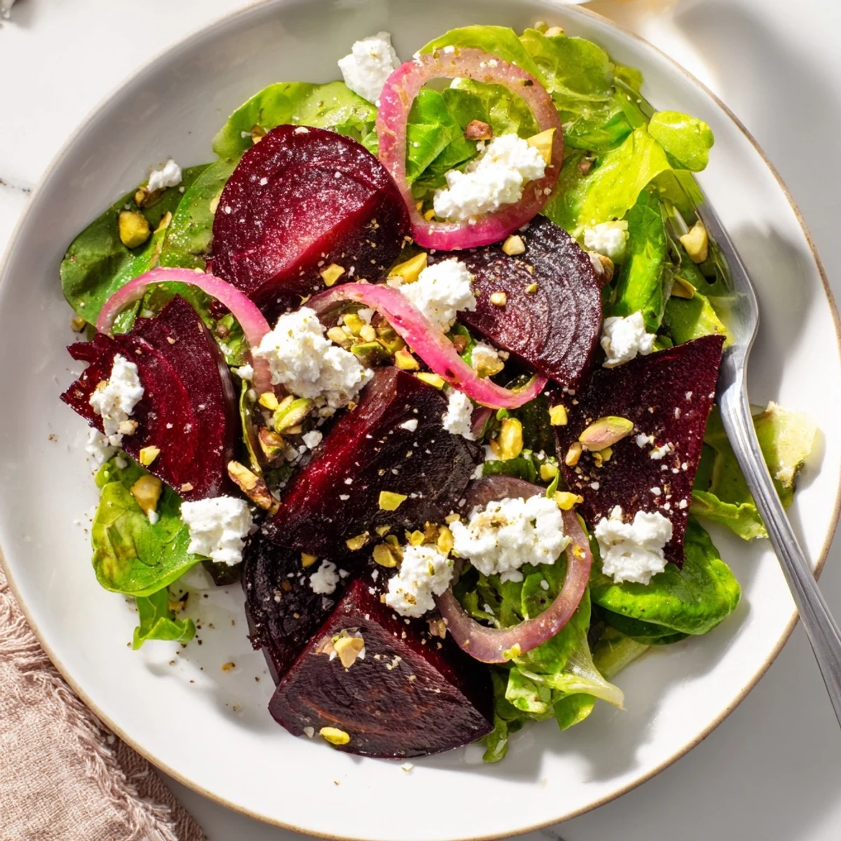 Bright roasted beet salad slices topped with creamy crumbled goat cheese and chopped pistachios on a bed of mixed greens and red onion.