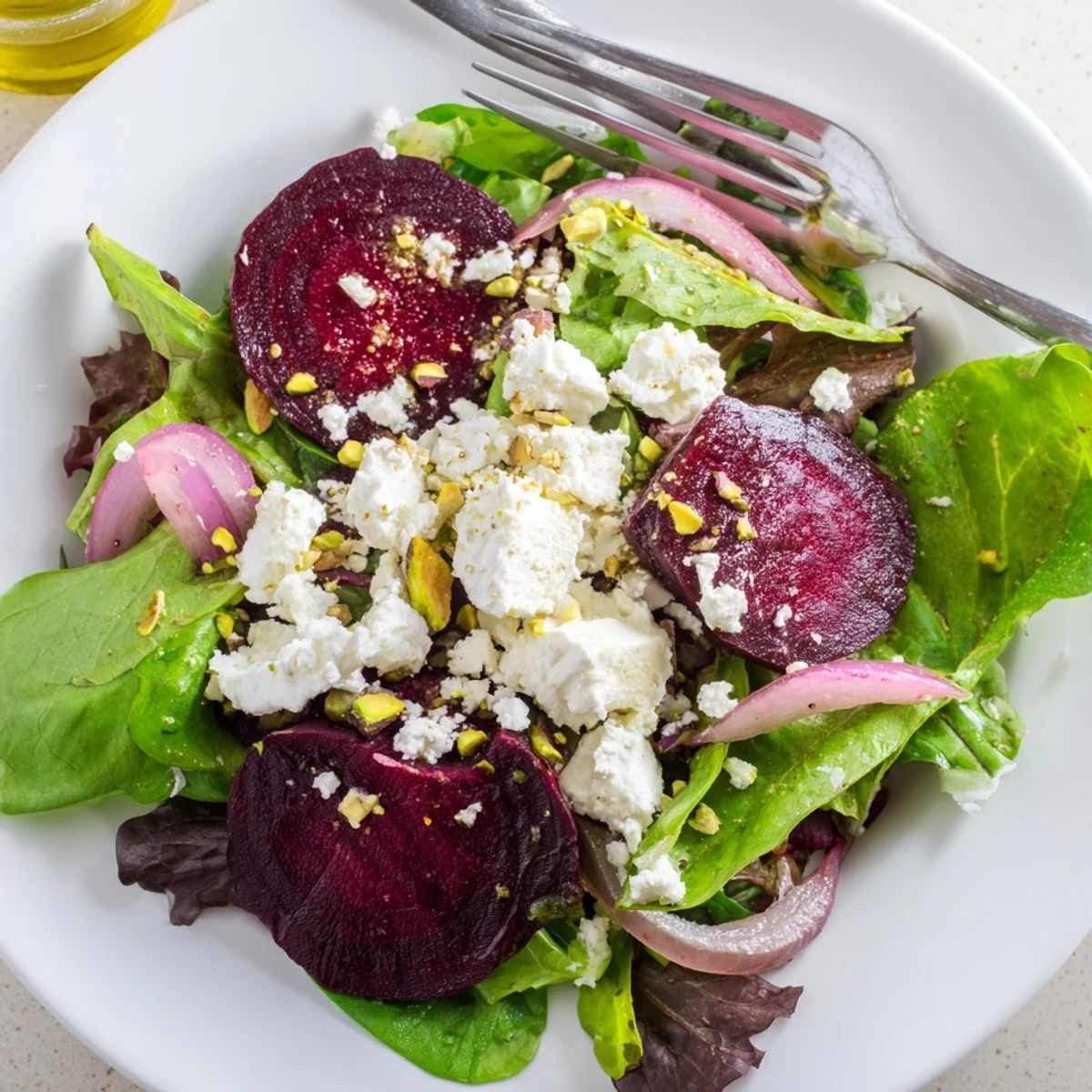 Roasted beet salad with goat cheese and pistachios served on a white platter, featuring ruby red beets and fresh greens.