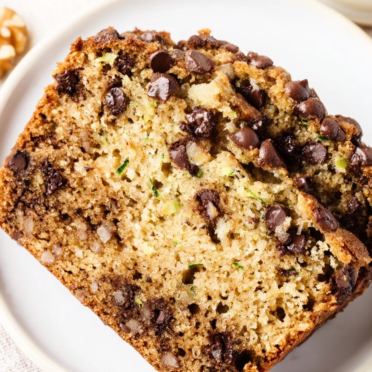 Slice of moist Chocolate Chip Zucchini Bread on a white plate, revealing tender crumb, melty chocolate chips, and specks of zucchini.