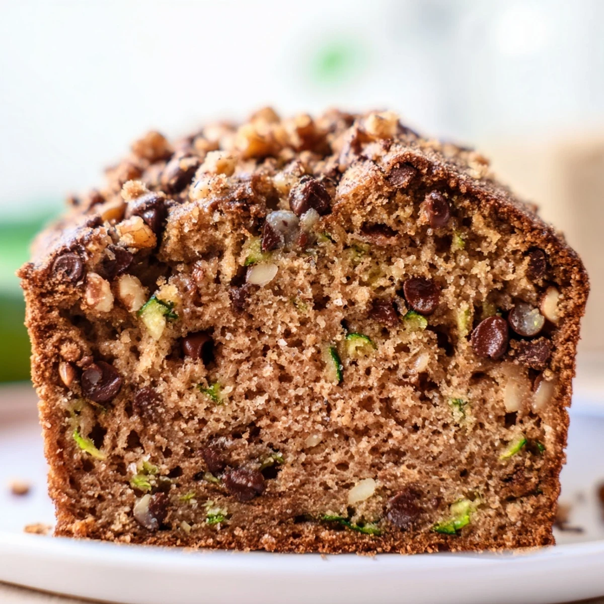 Freshly baked Chocolate Chip Zucchini Bread with cinnamon, showing a moist interior packed with chocolate chips and walnuts. 