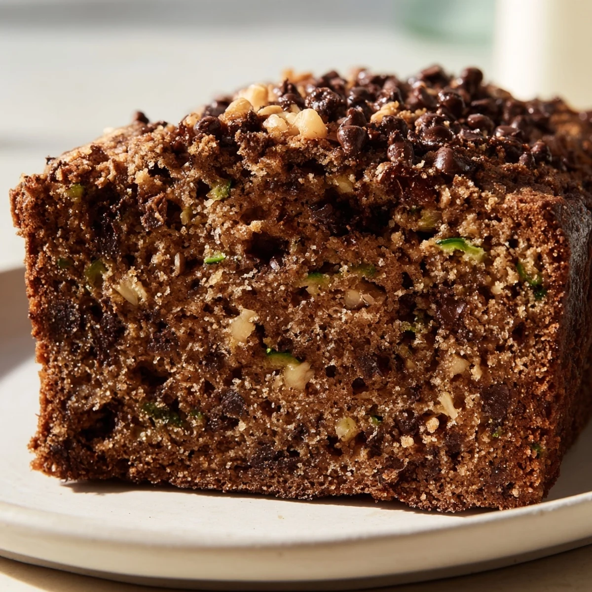 Chocolate Chip Zucchini Bread loaf on a wooden cutting board, dusted with cinnamon sugar, ready for a cozy breakfast snack.