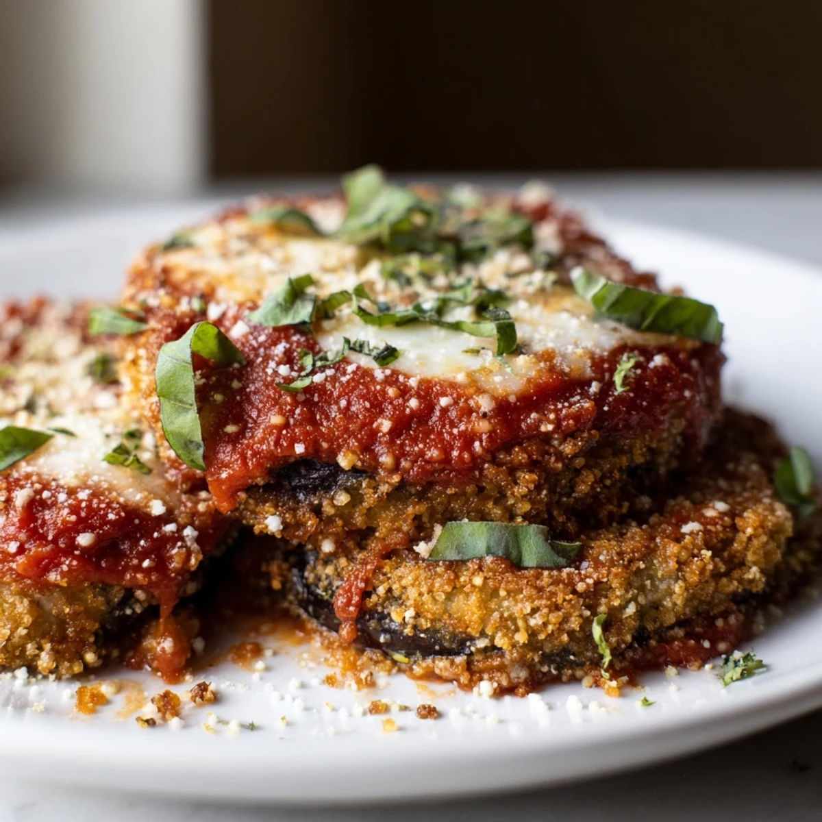 Golden-brown slices of Baked Eggplant Parmesan with Marinara and Mozzarella in a baking dish, with bubbling melted cheese and fresh basil garnish.