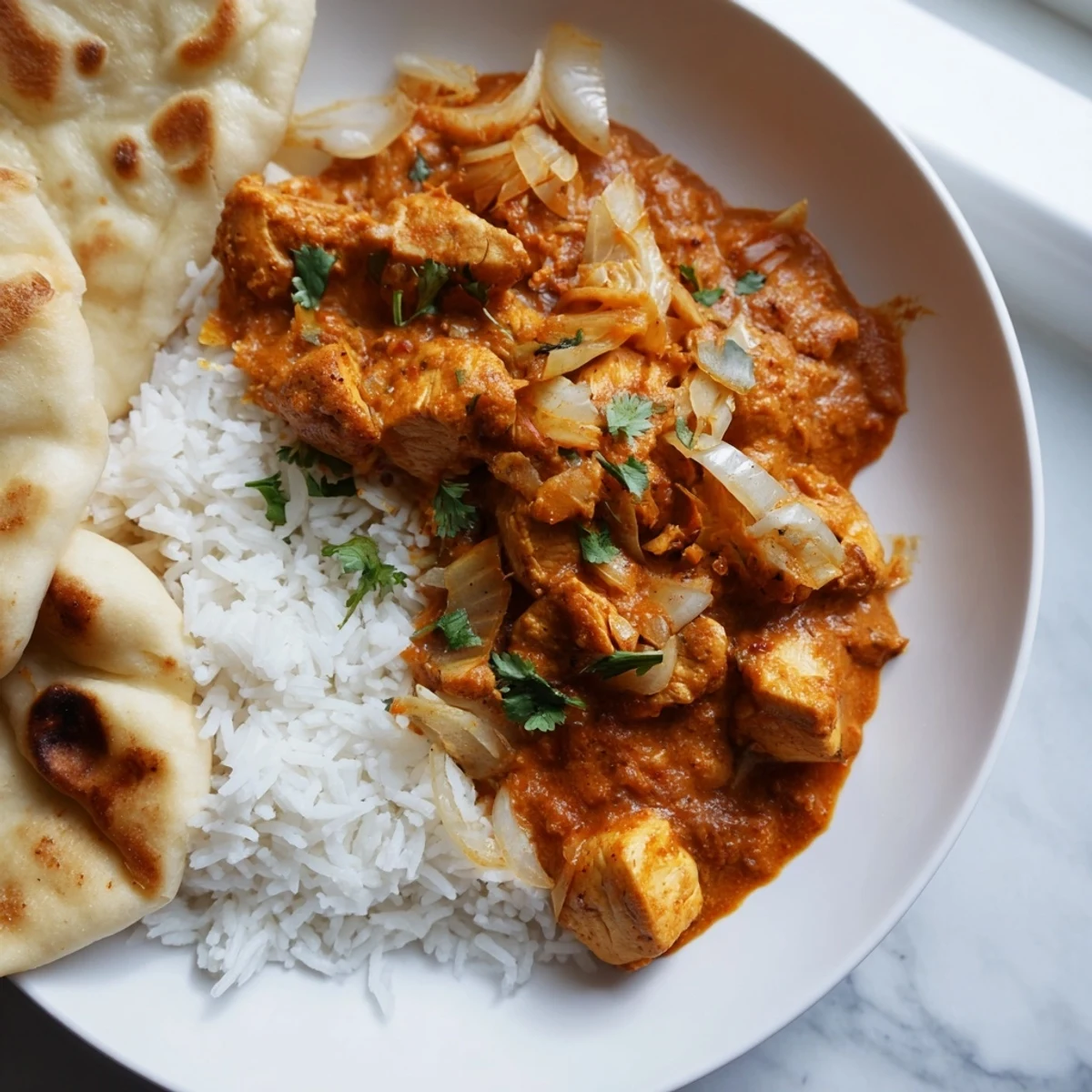 Tender marinated chicken tikka masala in rich tomato sauce, served with fluffy basmati rice and a side of warm naan bread.