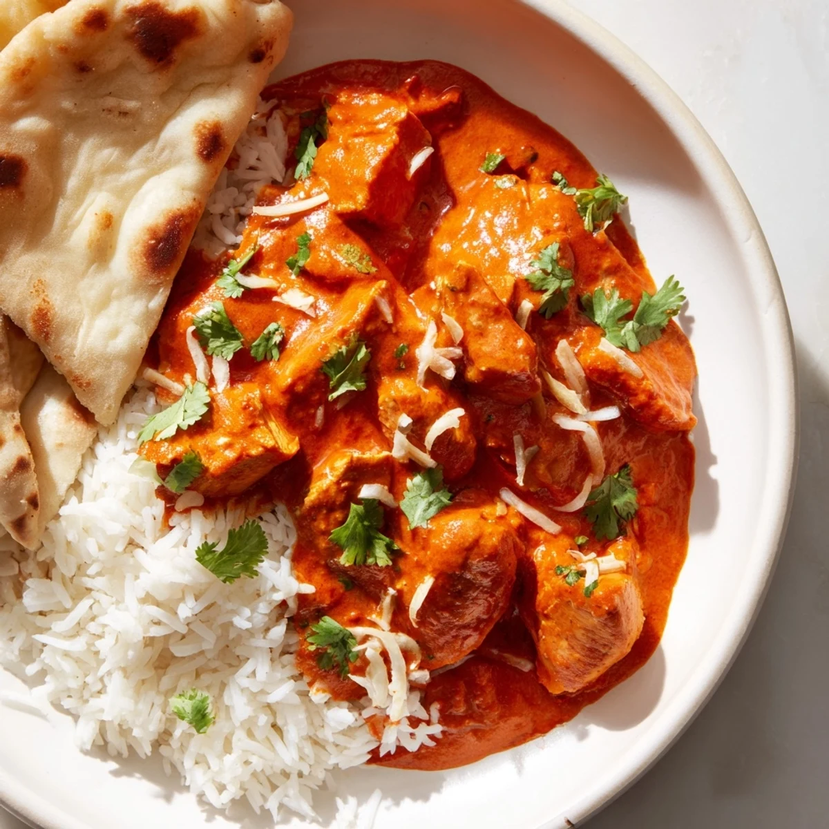 Creamy Chicken Tikka Masala with Basmati Rice and warm naan, garnished with fresh cilantro for a classic Indian-inspired dinner.