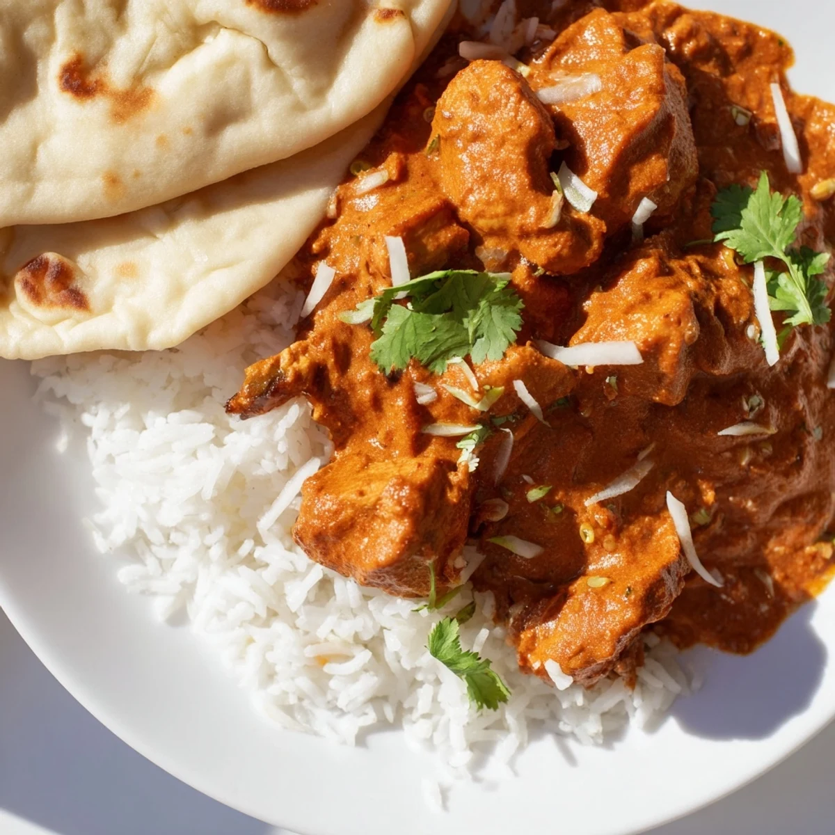 Golden-brown Chicken Tikka Masala with Basmati Rice and naan, finished with cilantro and ready to serve for a family meal.