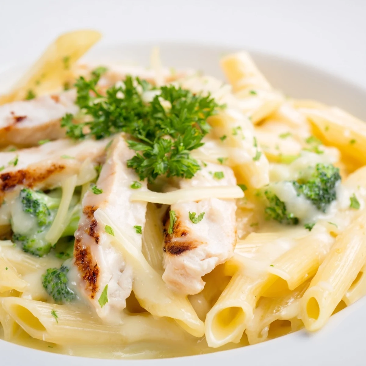 Freshly grilled chicken slices rest atop a warm bowl of Creamy Broccoli Pasta, featuring vibrant green florets and penne coated in rich parmesan sauce.