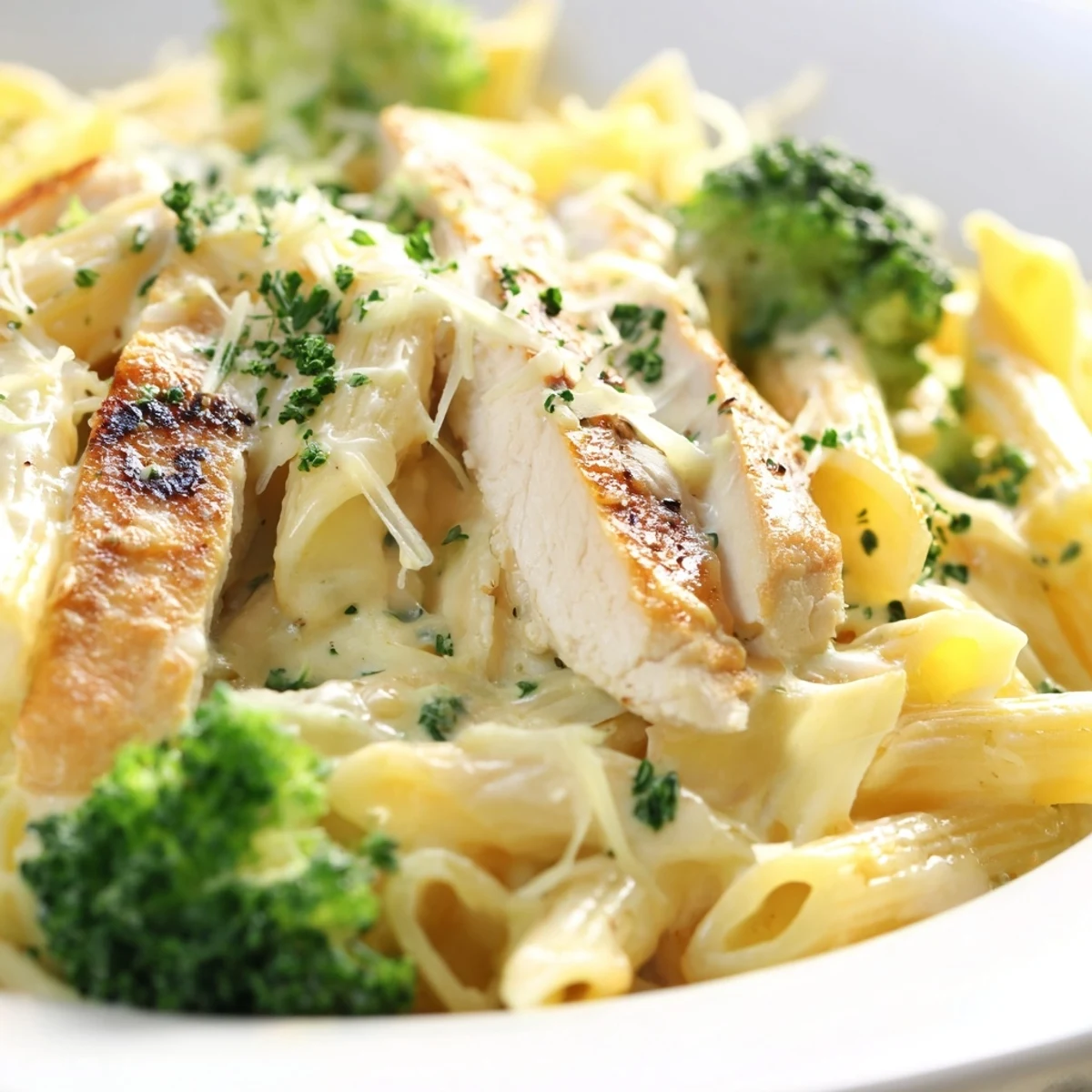 Hearty Creamy Broccoli Pasta with Grilled Chicken plated for dinner, garnished with parsley and extra parmesan, paired with a glass of white wine.