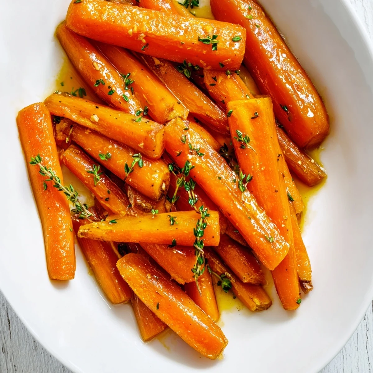 Glistening roasted carrots with maple syrup glaze arranged on a platter with fresh thyme sprigs, a rustic serving spoon alongside.