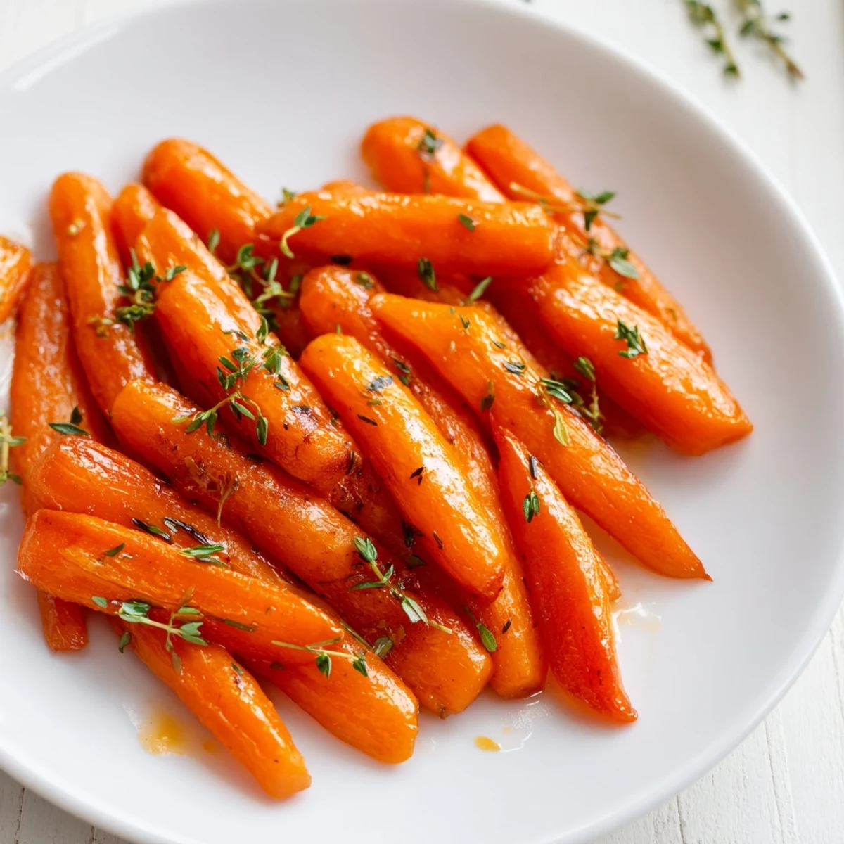 Tender maple-glazed roasted carrots on a baking sheet, caramelized edges visible, ready to garnish with fresh parsley for a warm side dish.