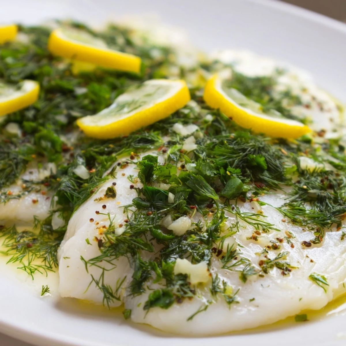 Golden-brown Baked Tilapia with Fresh Herbs and Lemon, garnished with chopped parsley and dill on a rustic wooden board.