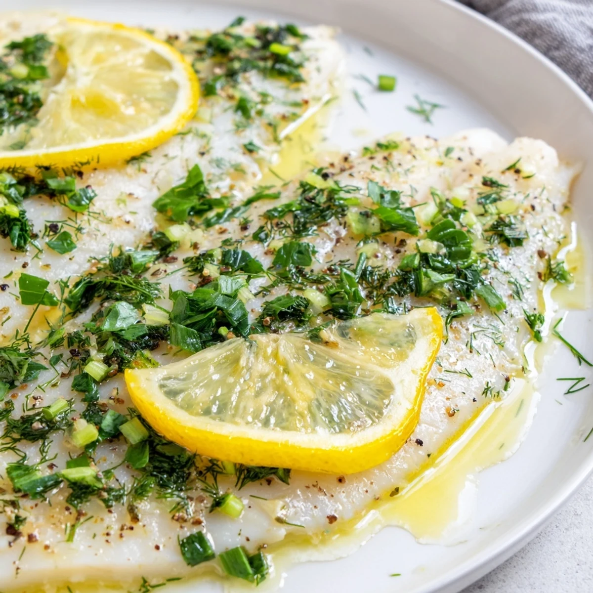 Fork-tender Baked Tilapia with Fresh Herbs and Lemon, flaking easily and topped with bright lemon slices next to a glass of white wine.
