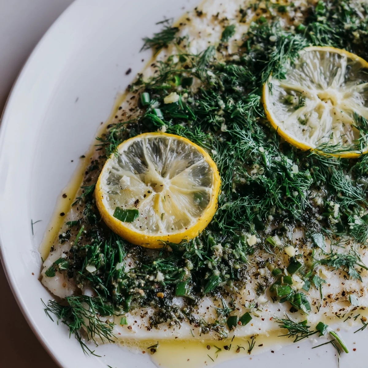 A colorful plate of Baked Tilapia with Fresh Herbs and Lemon, served with steamed green beans and brown rice for a healthy dinner.