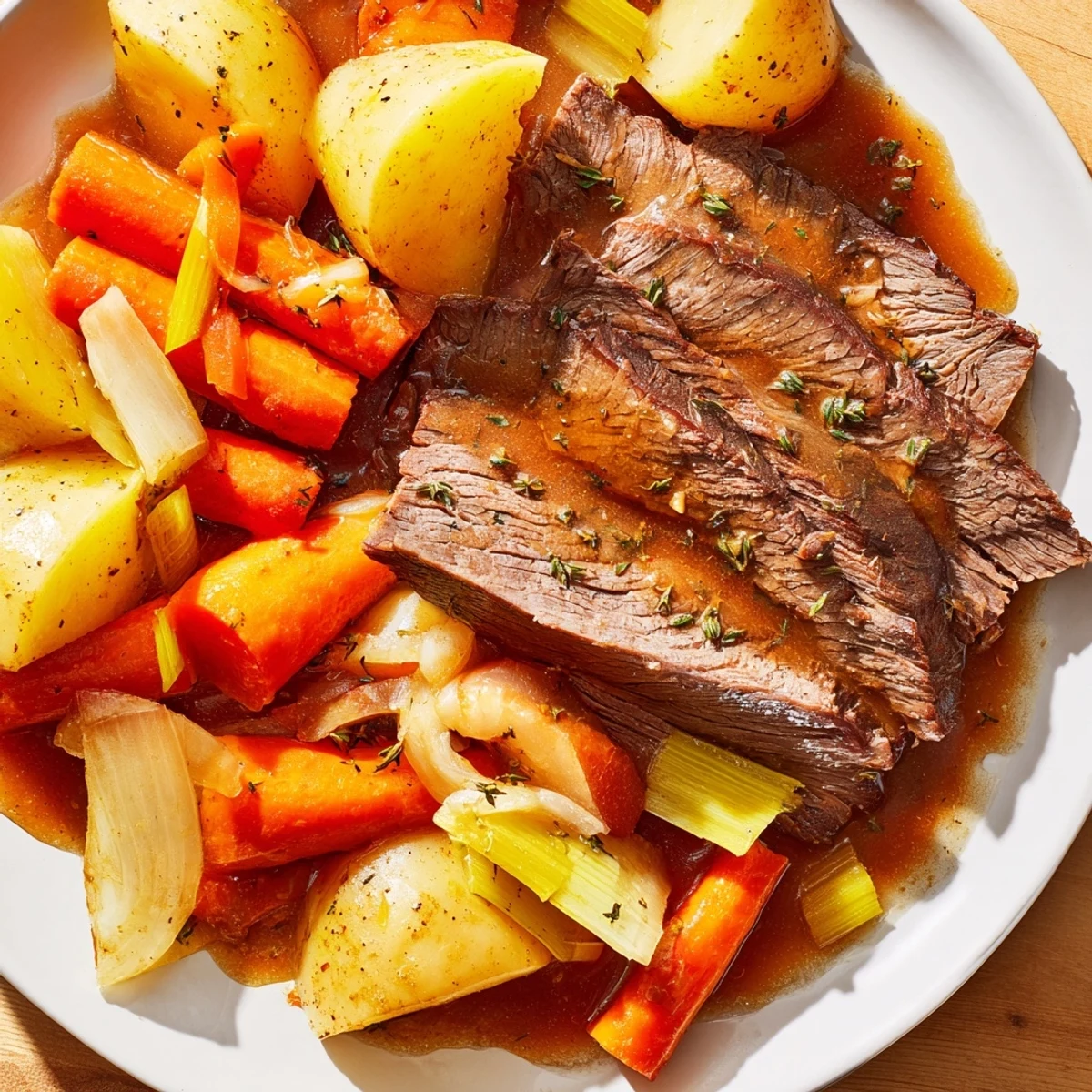 Golden-brown Slow Cooker Pot Roast with Savory Gravy, served with tender carrots and potatoes in a skillet.