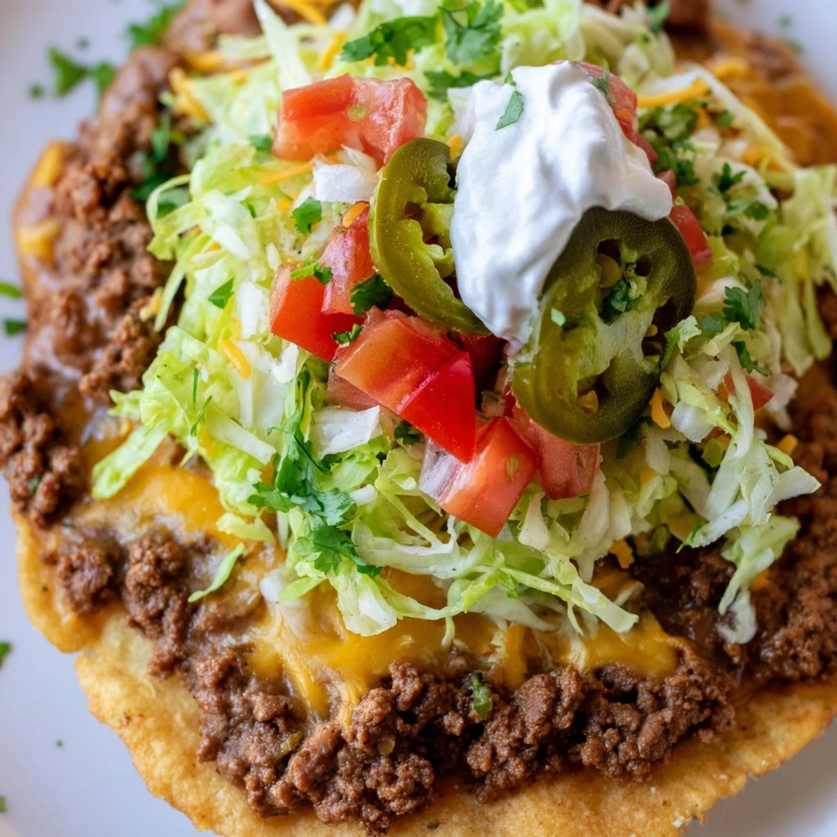 Crispy corn tostada shells piled high with spiced ground beef, refried beans, and melted Mexican cheese blend. 