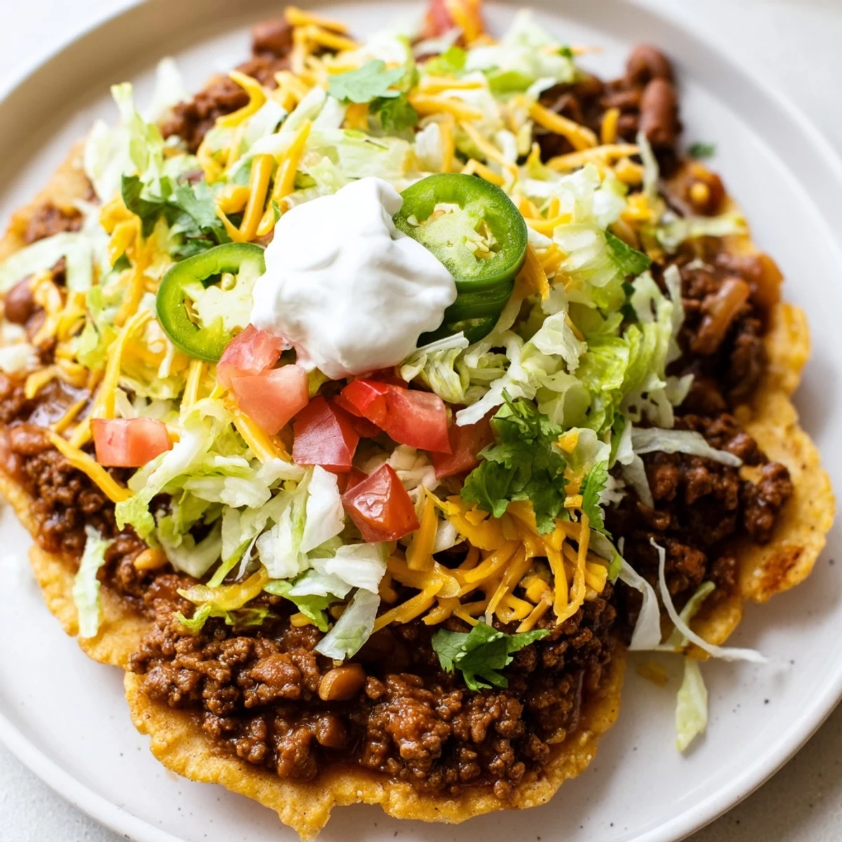 A platter of freshly assembled beef tostadas topped with lettuce, diced tomatoes, sour cream, and fresh cilantro. 