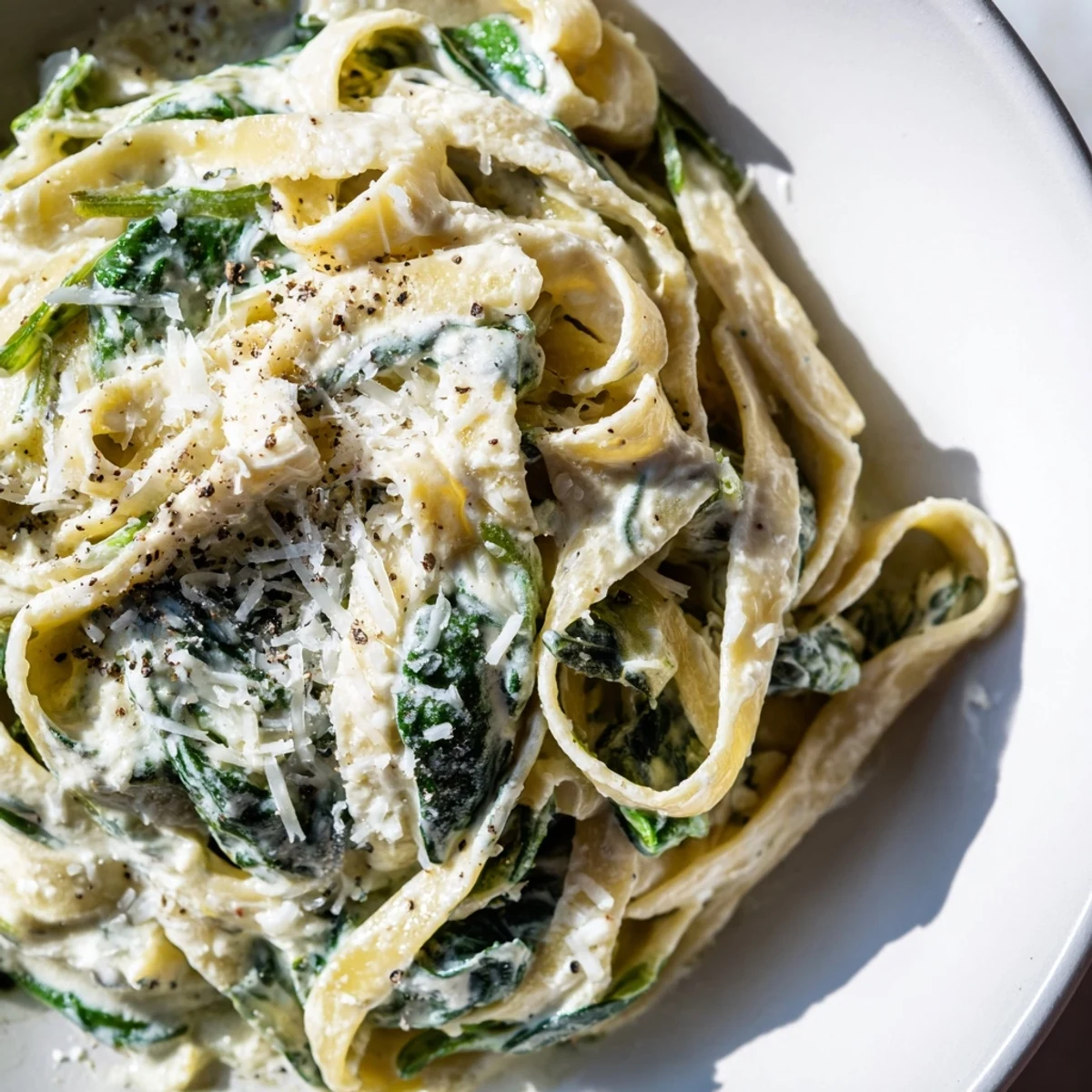 Freshly cooked creamy spinach pasta with penne tossed in a velvety, garlicky cream sauce and garnished with Parmesan.