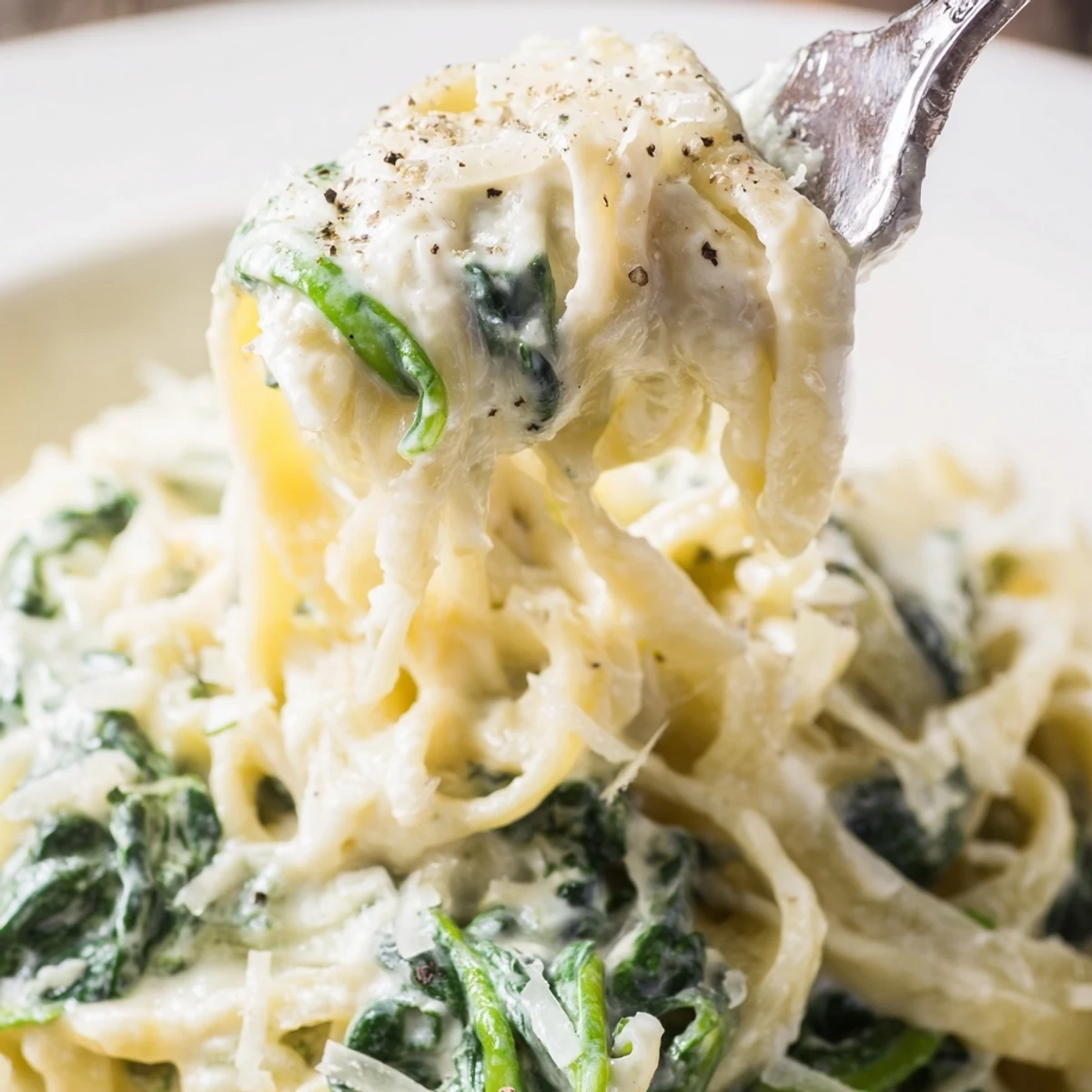 Steaming bowl of creamy spinach pasta featuring tender green leaves, al dente noodles, and a rich, nutmeg-scented sauce.