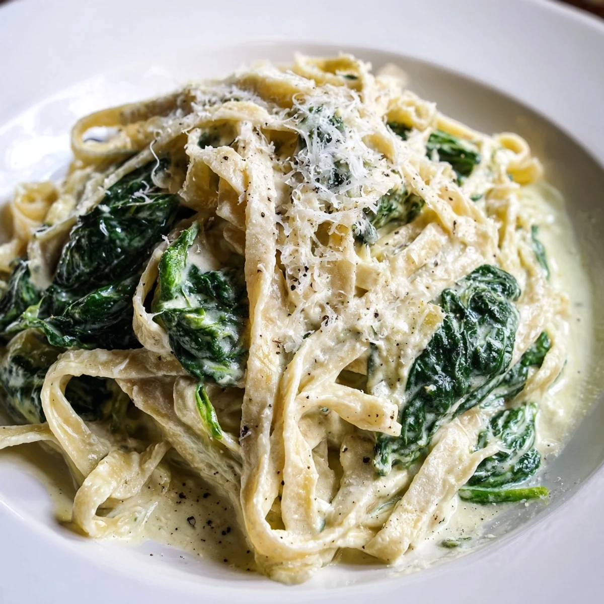 Close-up of creamy spinach pasta with glossy sauce clinging to noodles, fresh spinach, and a sprinkle of black pepper.