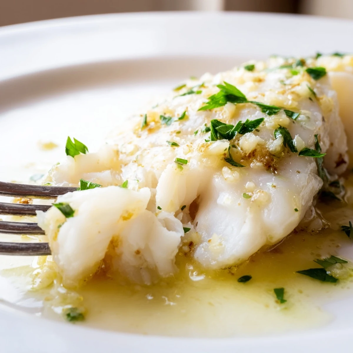 Tender flaky Baked Cod with Lemon Butter fillets glistening in a bright citrus butter sauce, baked to perfection in a white dish.  