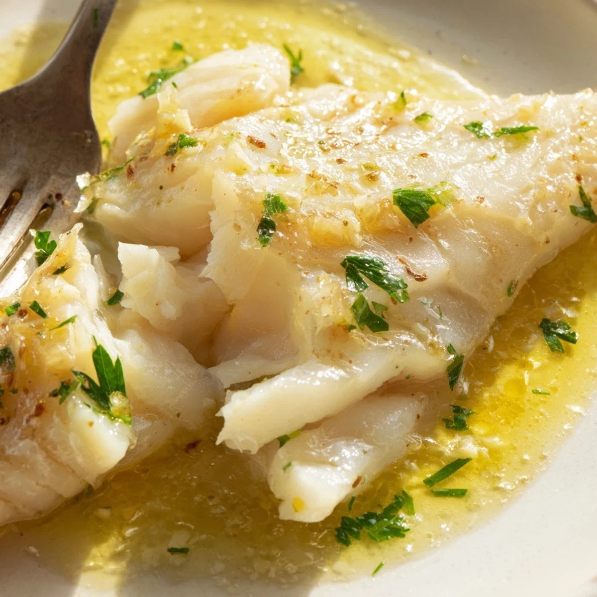 Golden Baked Cod with Lemon Butter served alongside steamed green beans and fluffy rice for a complete, healthy weeknight dinner.  