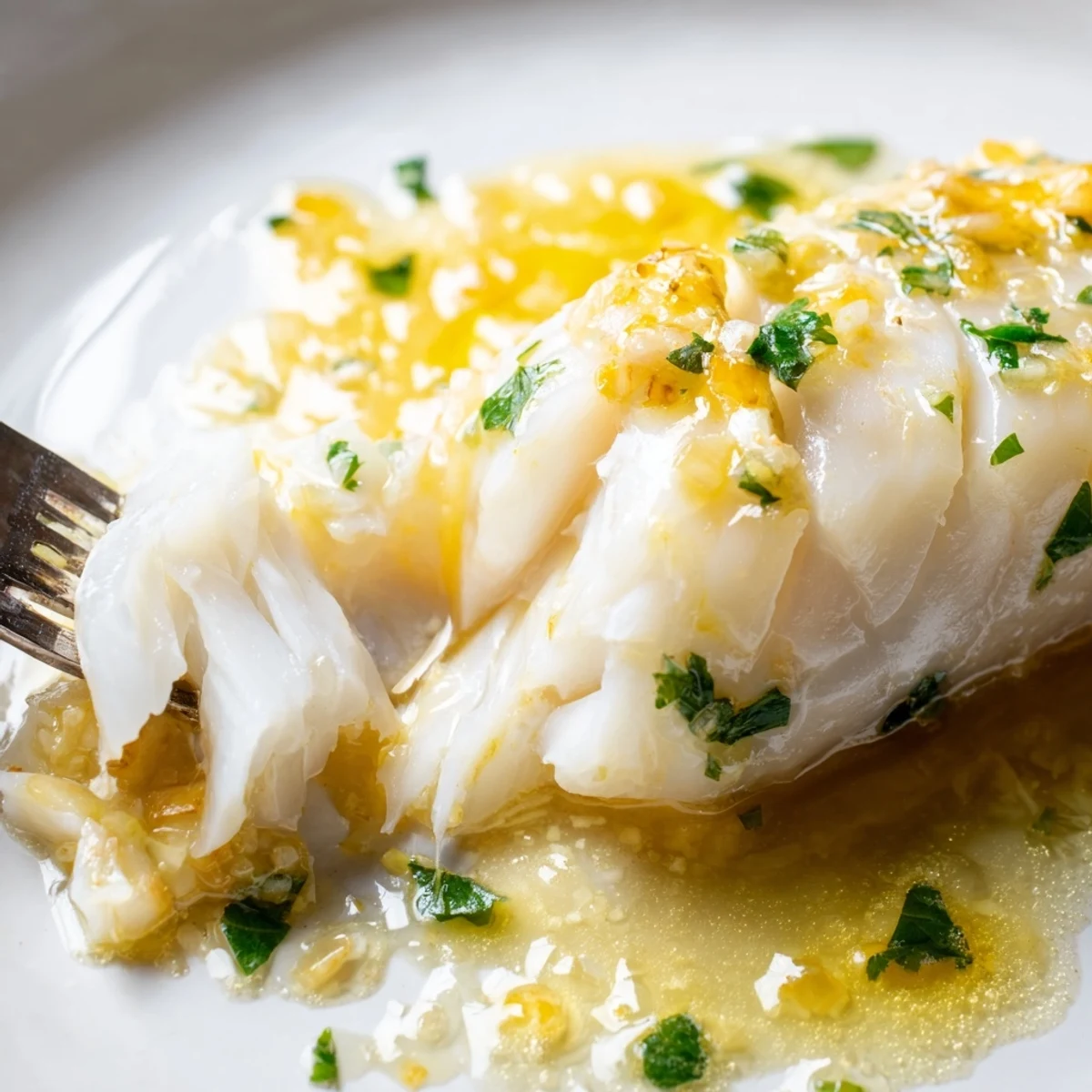 Freshly chopped parsley and lemon slices garnish this easy Baked Cod with Lemon Butter recipe, highlighting its vibrant, zesty aroma.