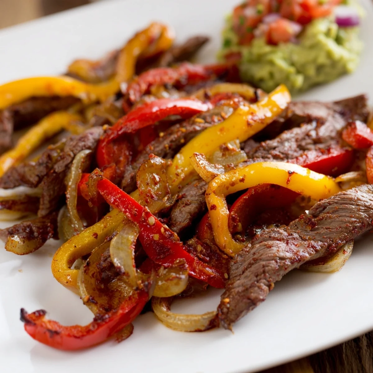 Sizzling marinated beef strips, colorful bell peppers, and onions on a plate with warm tortillas and creamy homemade guacamole for Beef Fajitas.  