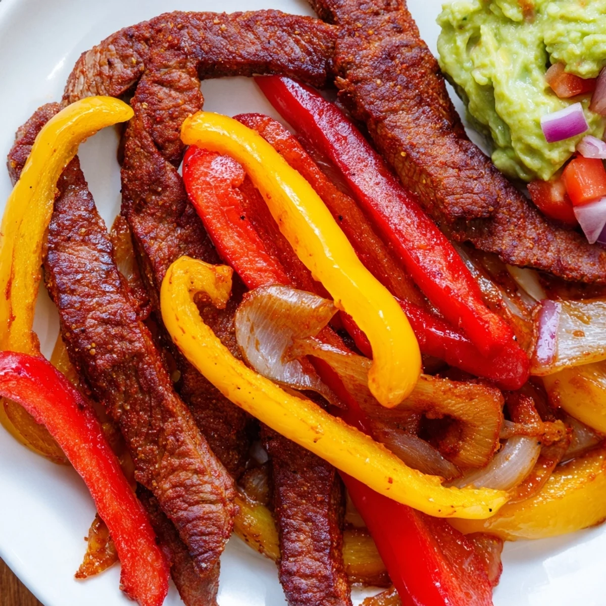 A close-up view of seasoned sizzling Beef Fajitas with guacamole, lime wedges, and fresh cilantro garnish on a rustic wooden table.  