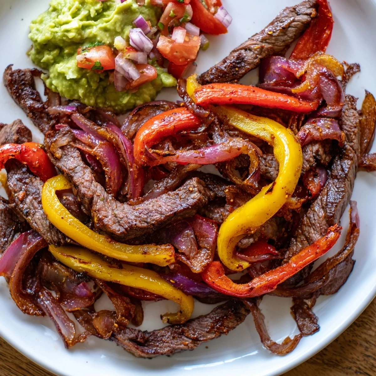 Plated Beef Fajitas with sautéed veggies and creamy guacamole, ready for stuffing into warm tortillas for a festive Tex-Mex dinner.