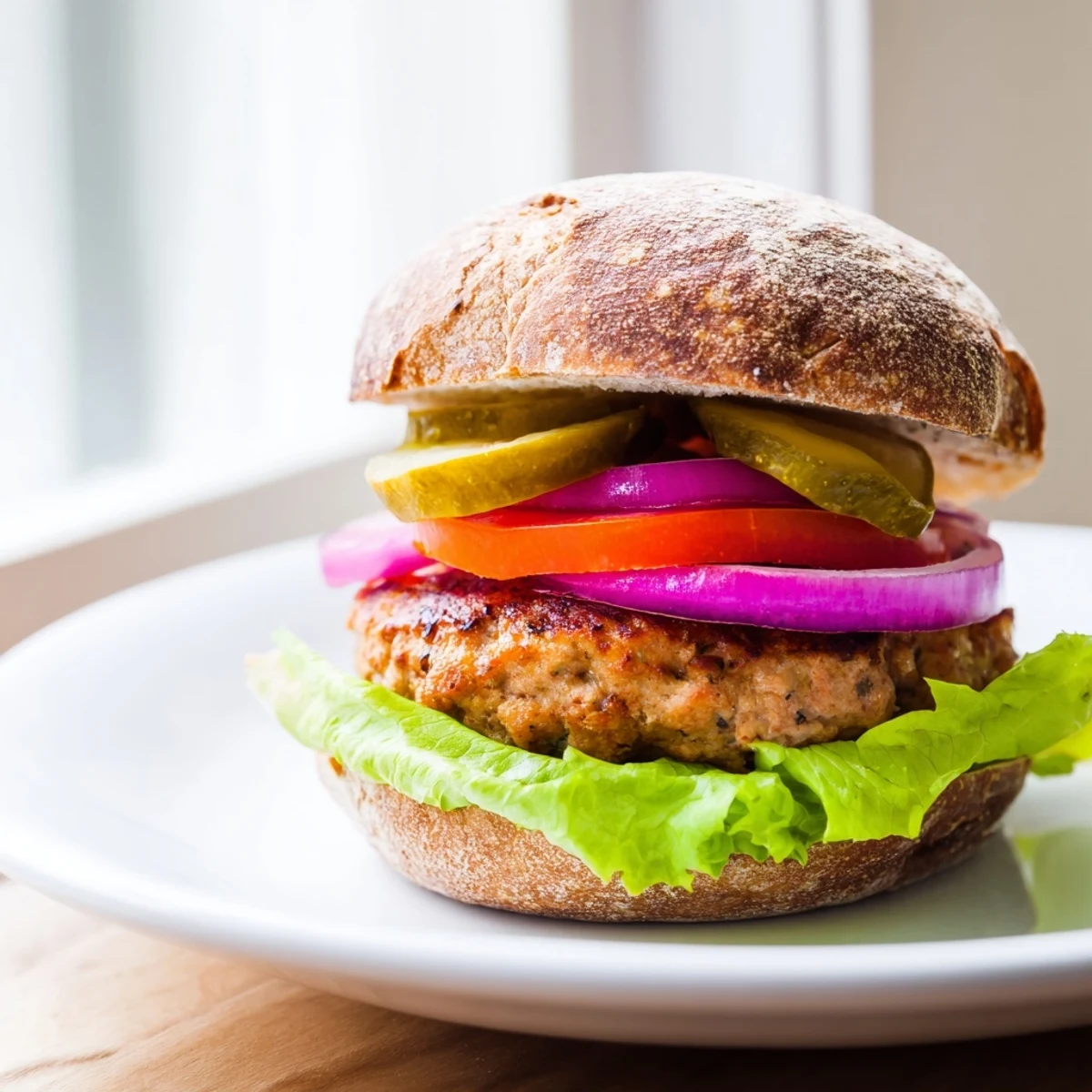 Juicy turkey burger patty on a toasted bun with crispy oven-baked sweet potato fries for a wholesome family dinner.