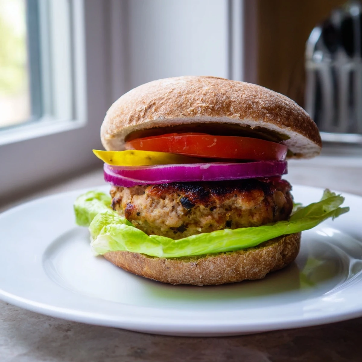 Homemade turkey burger with sweet potato fries, garnished with red onion rings and a side of ketchup for dipping.