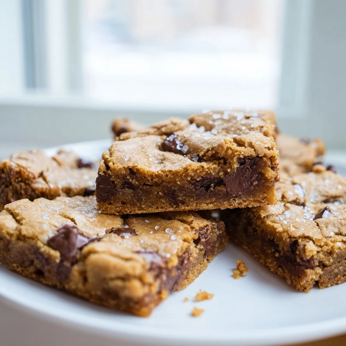 A close-up of golden-brown chocolate chip cookie bars on a wooden board, showing gooey melted chips and a chewy texture, perfect for a sweet snack.
