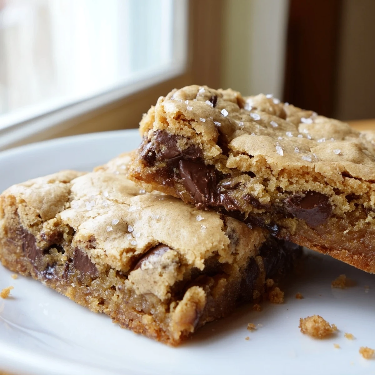 Rustic pan of freshly baked chocolate chip cookie bars, with visible walnut pieces and a warm, inviting aroma, ideal for a cozy dessert platter.