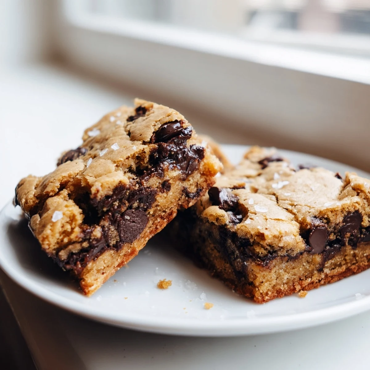 Sliced chocolate chip cookie bars on a white plate beside a cold glass of milk, highlighting the thick, chewy layers and rich chocolate pools.
